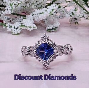 Vintage Princess Cut Blue Sapphire & White Baguette Diamond Cocktail Ring 925
